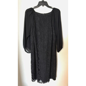 Adrianna Papell Black Lace Overlay Sheath Dress Sheer 3/4 Sleeves Event Sz 14W